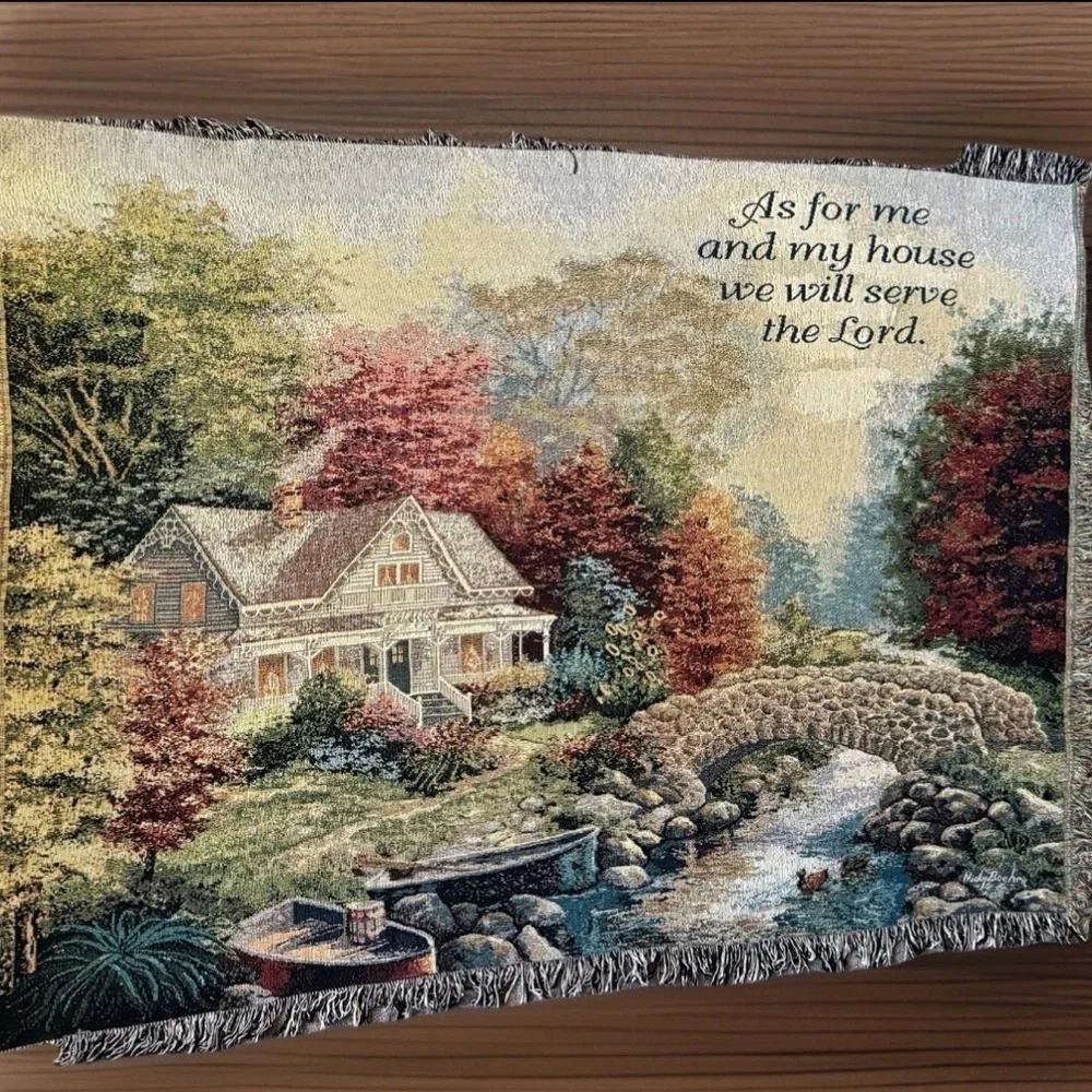 COUNTRY COTTAGE Tapestry Fringe Throw Blanket Christian Prayer Home Nicky Boehme